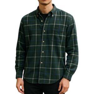 Chaps Mens Plaid Flannel Button Down Shirt  Green Navy Long Sleeve Pocket Logo L